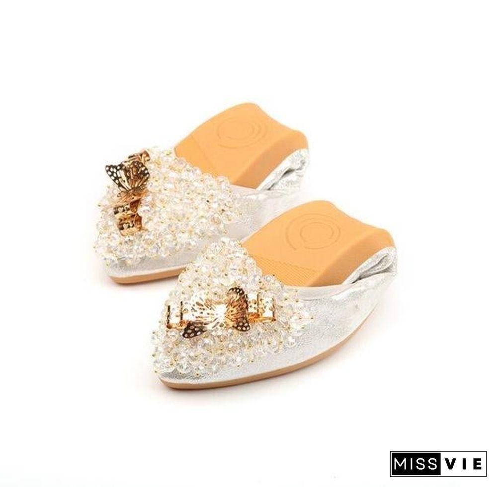 Woman Sequined Flat Shoes Elegant Rhinestone Fashion Foldable Flats