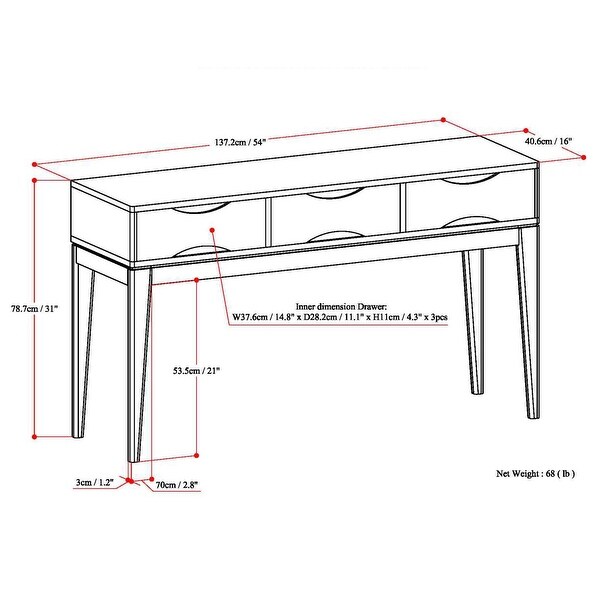 WYNDENHALL Pearson SOLID HARDWOOD 54 inch Wide Mid Century Modern Console Sofa Table - 54 W x 16 D x 31 H