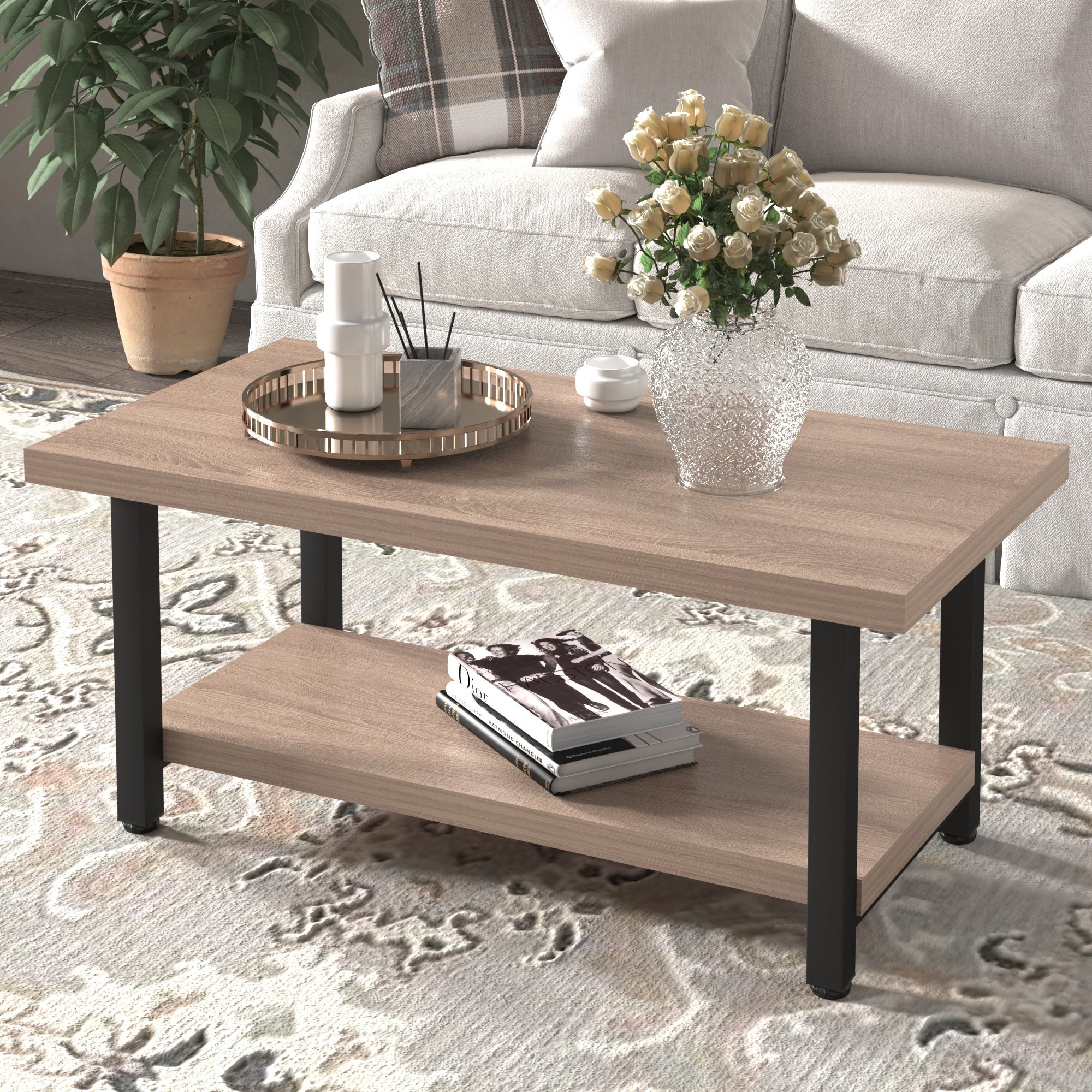 2-Tier Modern Rectangle Coffee Table， Wood Rectangle Sofa Table with Metal Straight Legs for Living Room