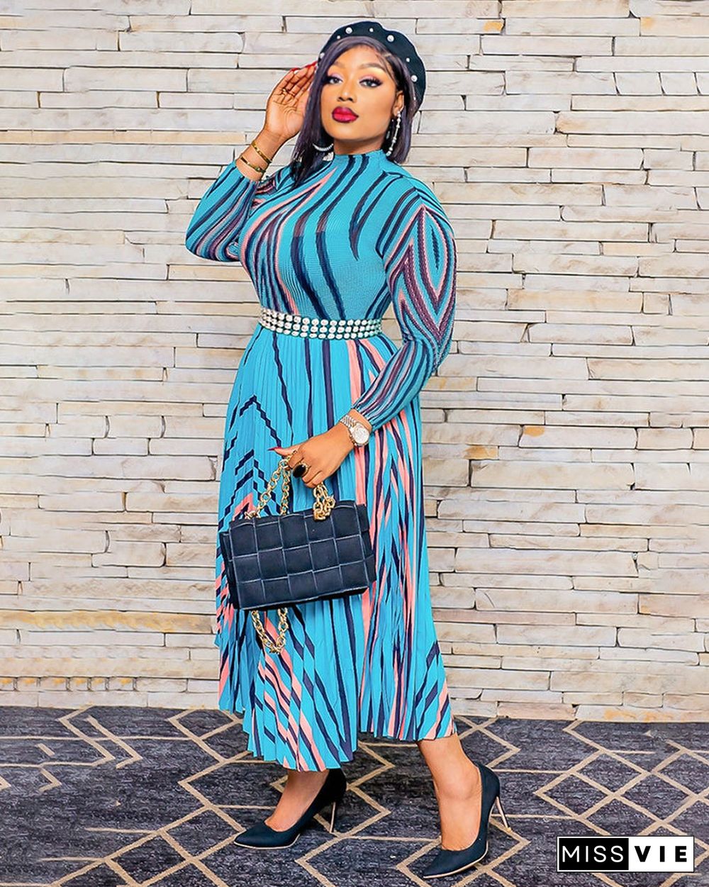 wave stripe print maxi dress