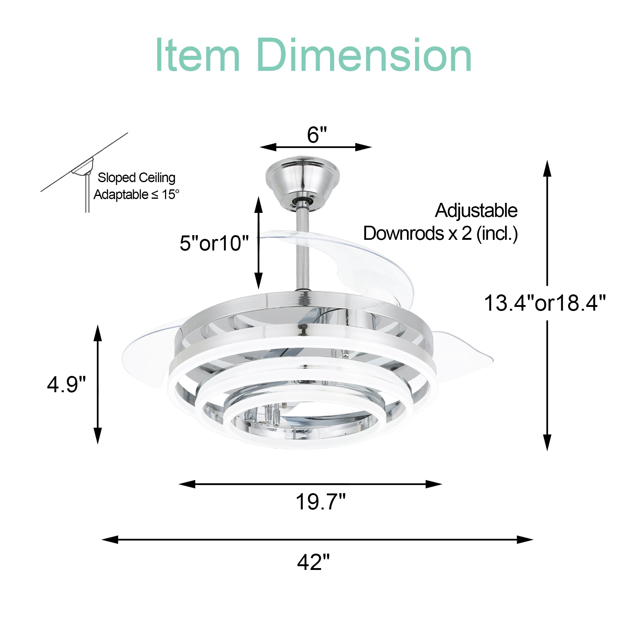 Oaks Aura 42 Inch Retractable Dimmable LED Ceiling Fan Light Remote 3-Color 6-Speed Chandelier