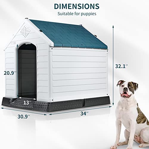 Waleaf Plastic Dog House Outdoor Indoor for Small Medium Larige Dogs，Waterproof Dog Houses with Elevated Floor and Air Vents，Durable Ventilate and Easy Clean and Assemble