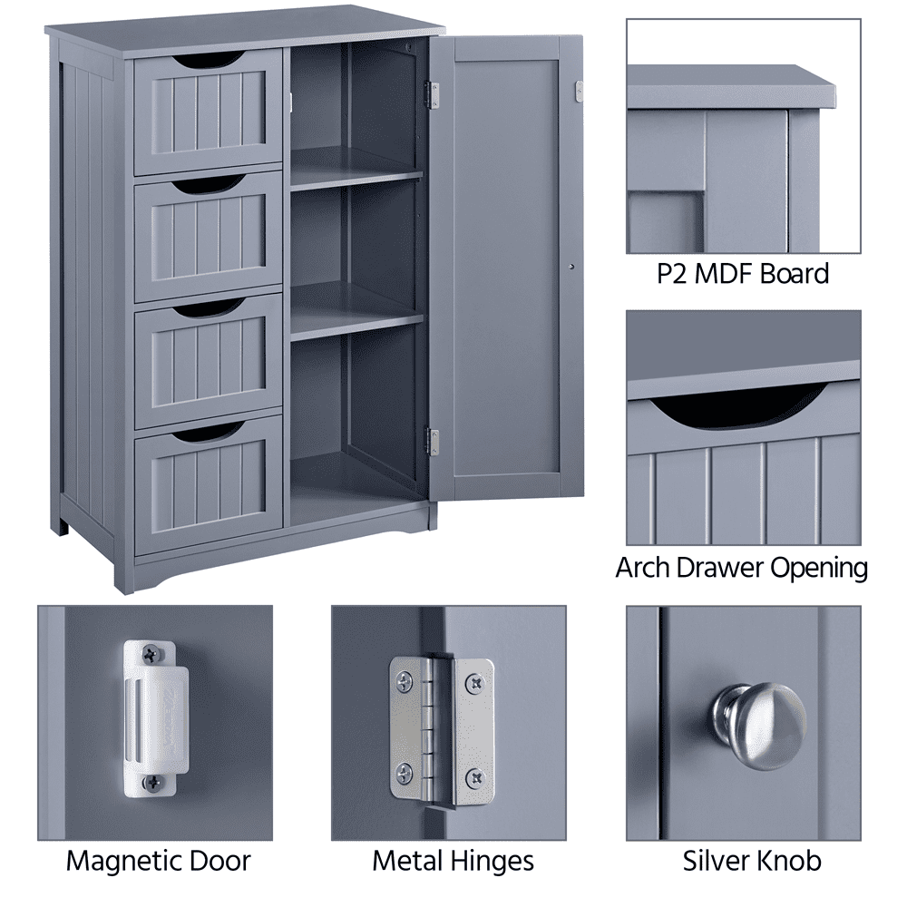 Topeakmart Wooden Floor Cabinet Bathroom Storage Cabinet with 4 Drawers, Gray