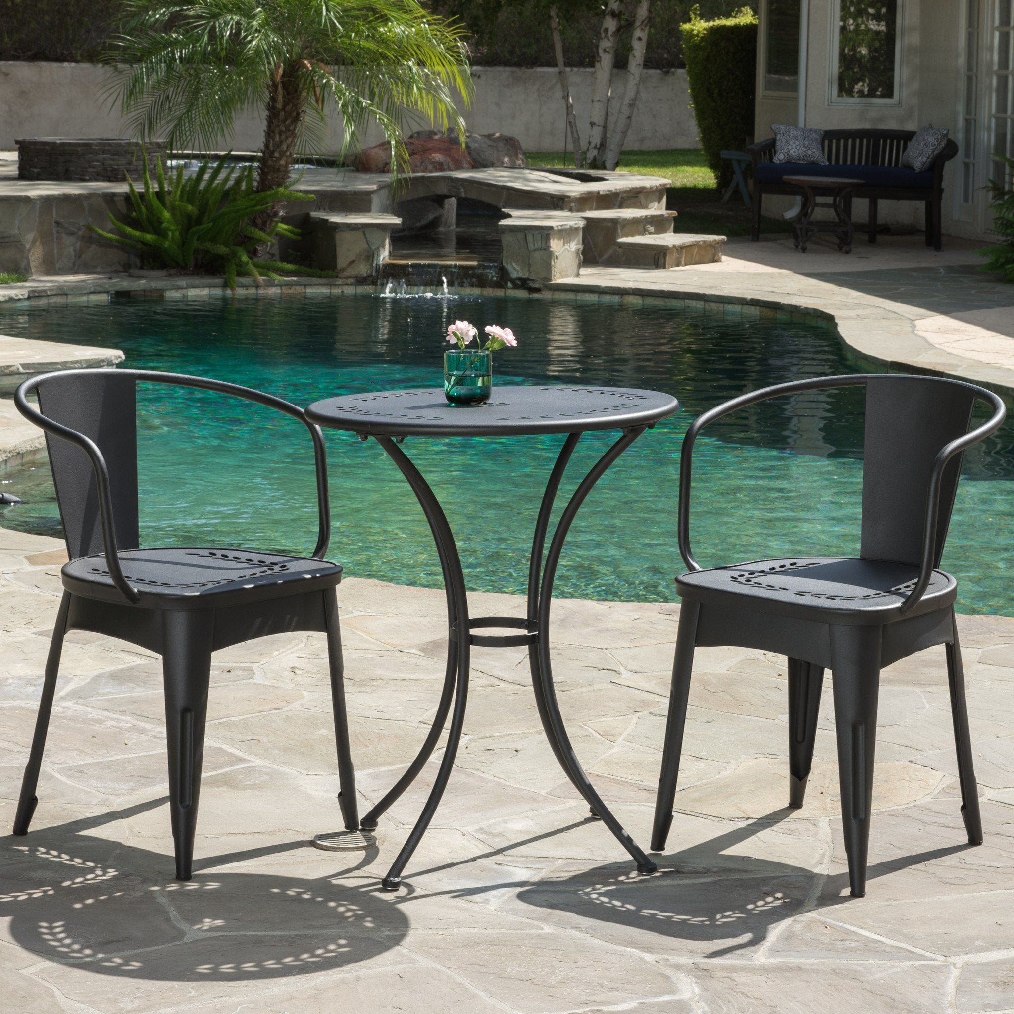 Tottenham Outdoor Modern 3 Piece Floral Pattern Black Bistro Set