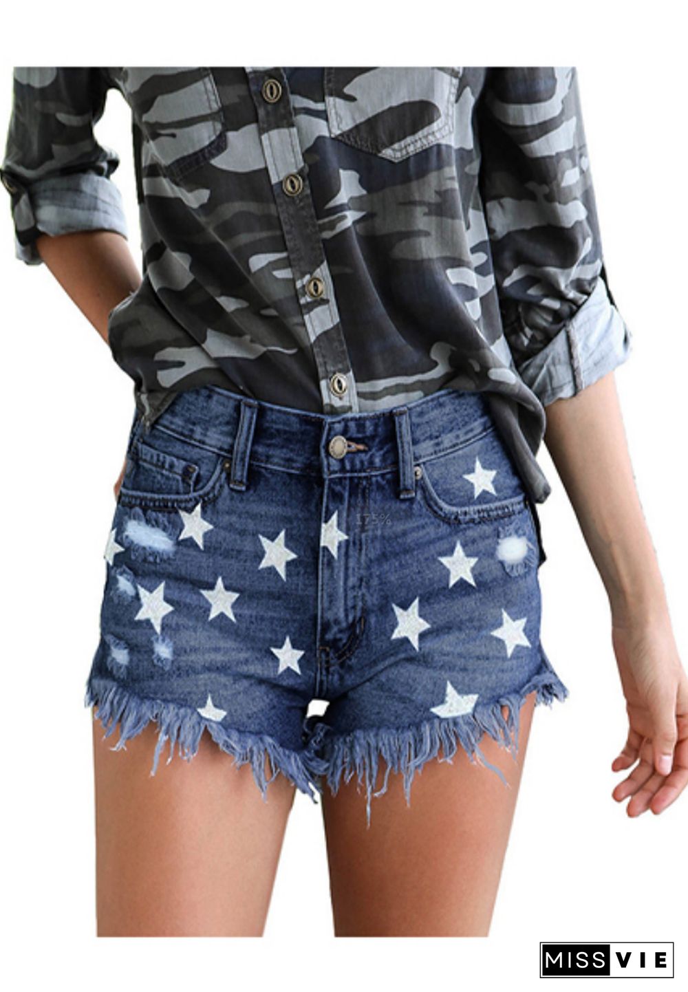 Dark Blue Star Print Shorts Jeans with Tassel