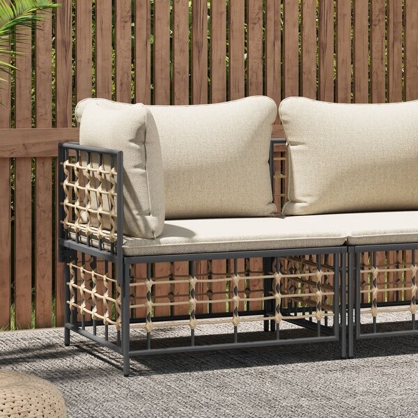 vidaXL Patio Corner Sofa with Beige Cushions Poly Rattan