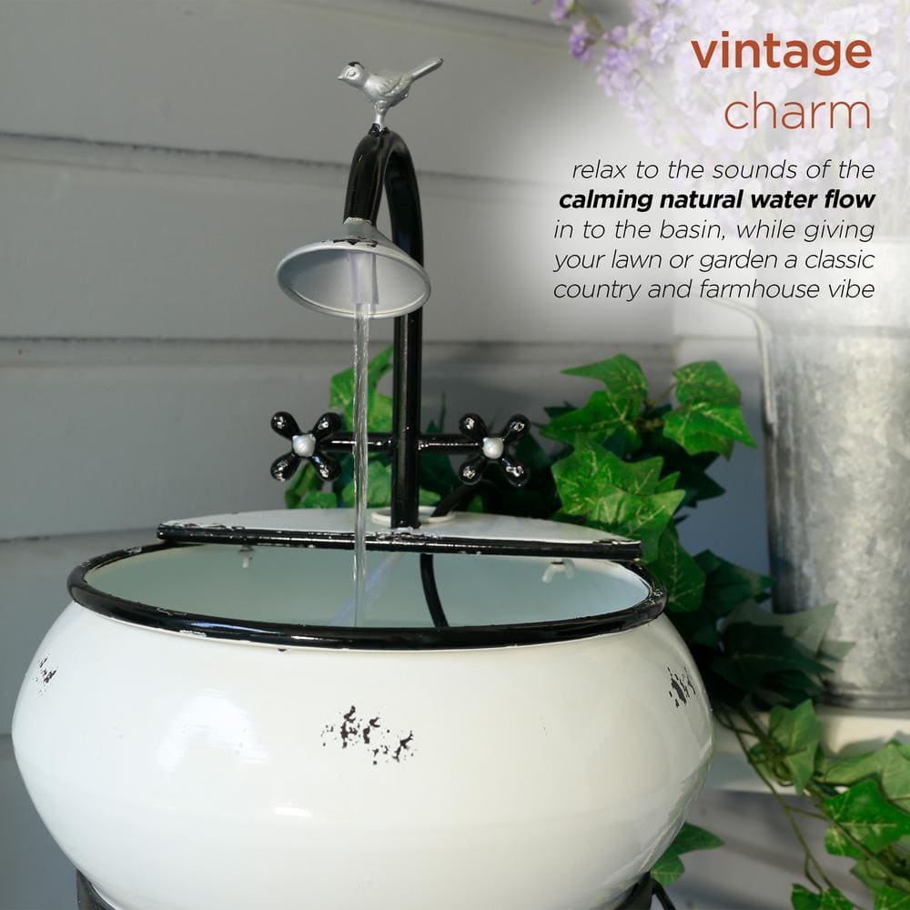 Alpine Corporation 32 in. Tall Outdoor Antique Metal Sink Water Fountain and Stand, White YHL170