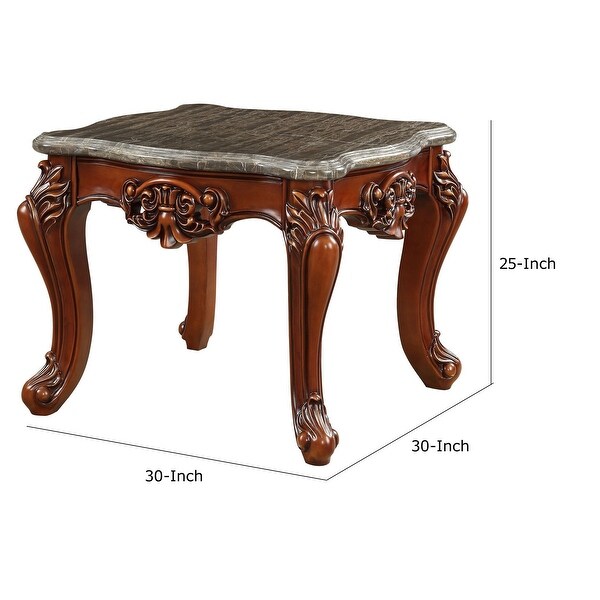 30 Inch Classic Square Marble Top End Table， Cabriole Legs， Gray， Brown