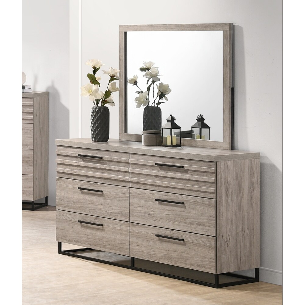 Roundhill Furniture Alvear Contemporary 6 Drawer Dresser with Mirror  Weathered Gray