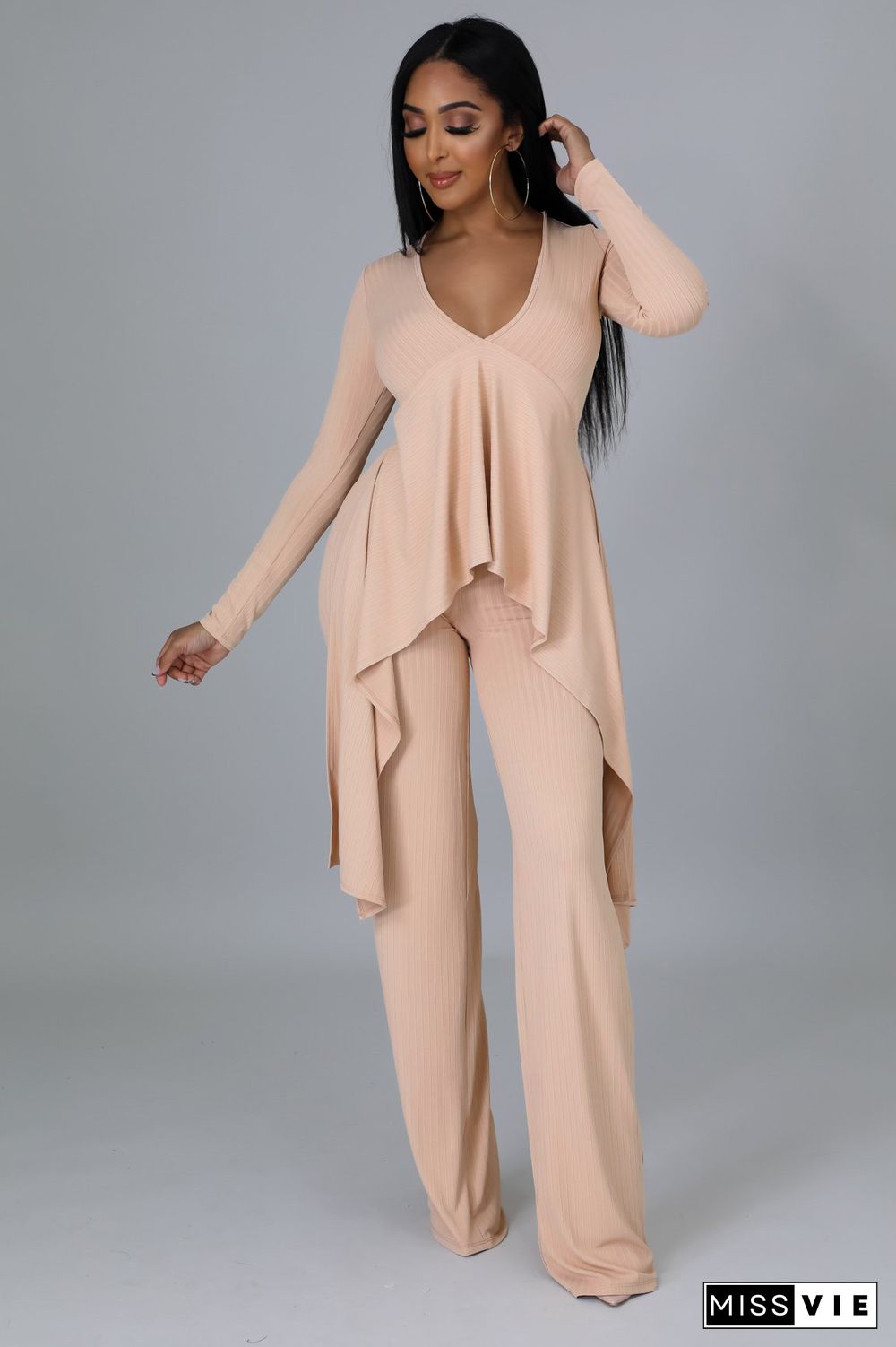 V Neck Irregular Top Straight-leg Pants Set