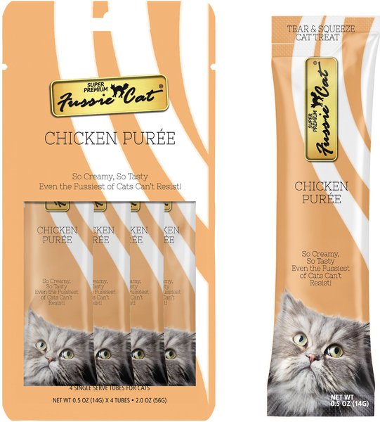 Fussie Cat Chicken Puree Lickable Cat Treats， 0.5-oz pouch， pack of 4