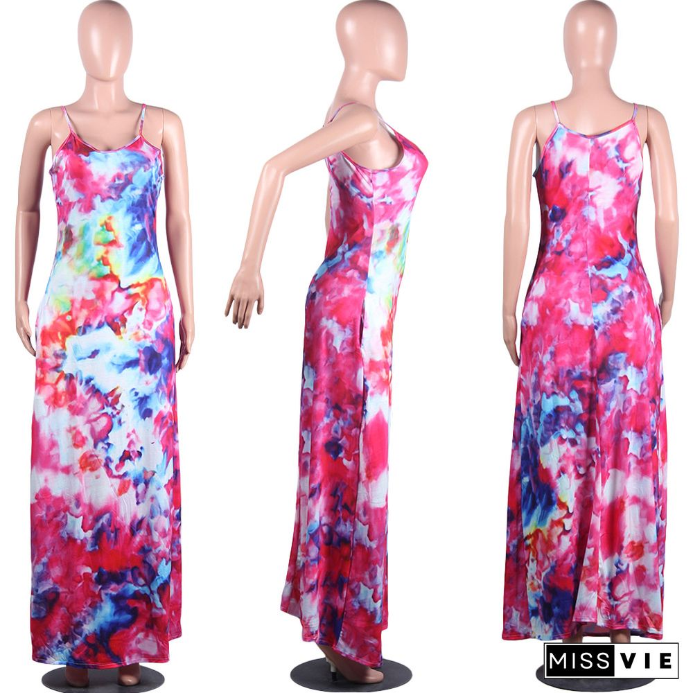 Loose Straps With Tie-Dye Prints With Pocket Maxi Dress