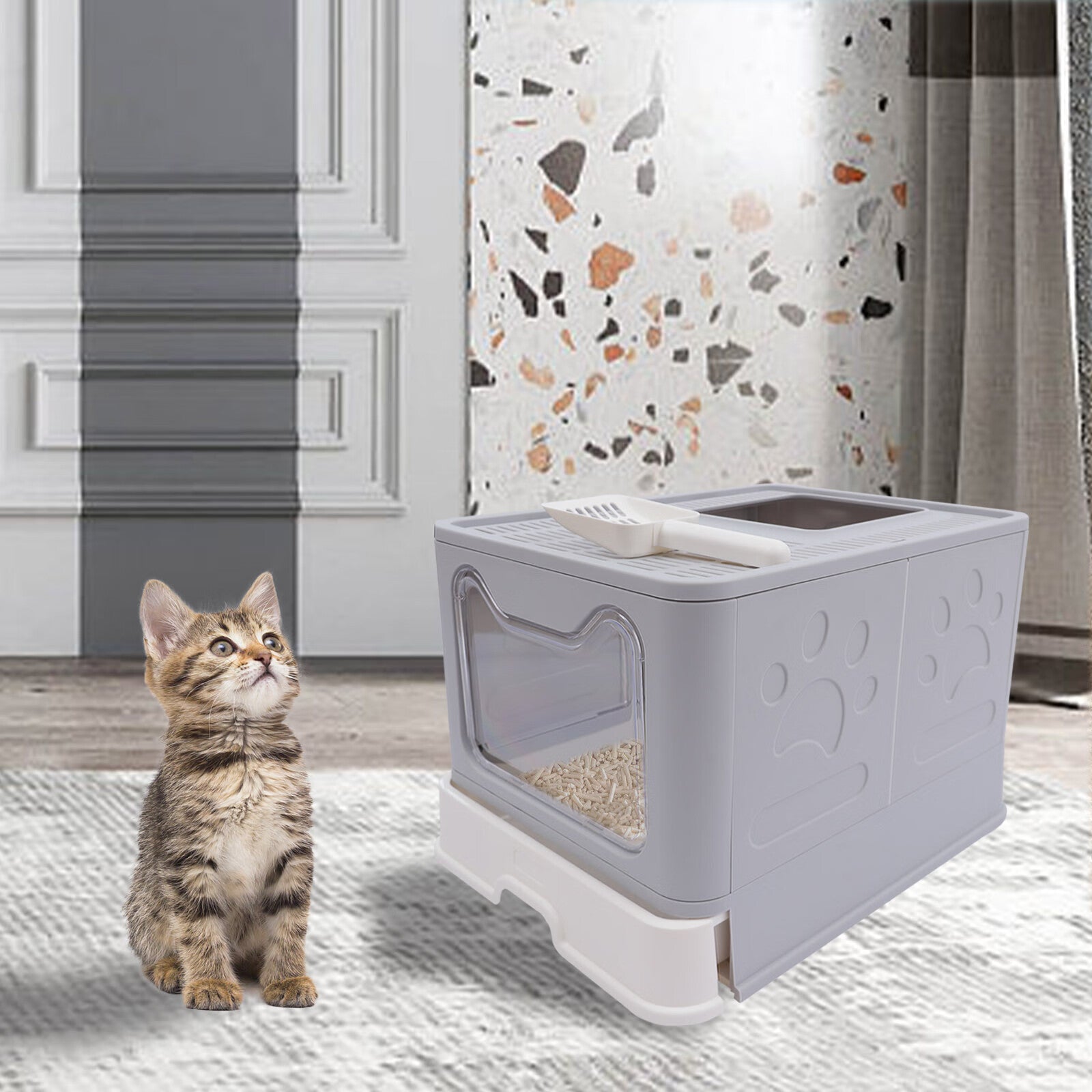 Anqidi Gray Foldable Cat Litter Box Drawer Type Large Space PP+PC Pet Toilet with Cat Sand Shovel