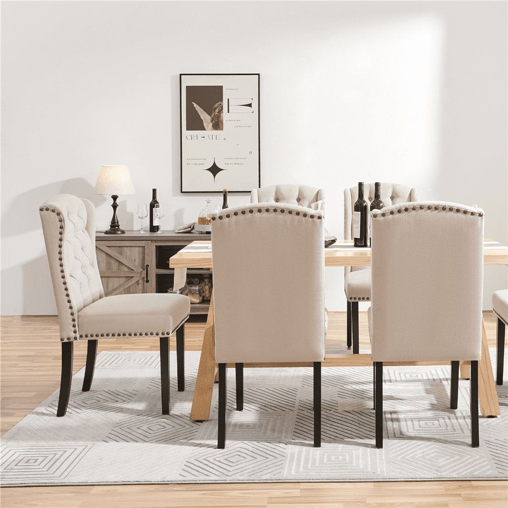 Topeakmart Set of 2 Upholstered Tufted Dining Chairs with Wood Legs for Dining Room， Beige