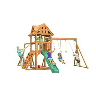 Creative Cedar Designs Mountain View Lodge Playset with Wooden Roof Monkey Bars and Multi-Color Swing Set Accessories and Green Slide 3431