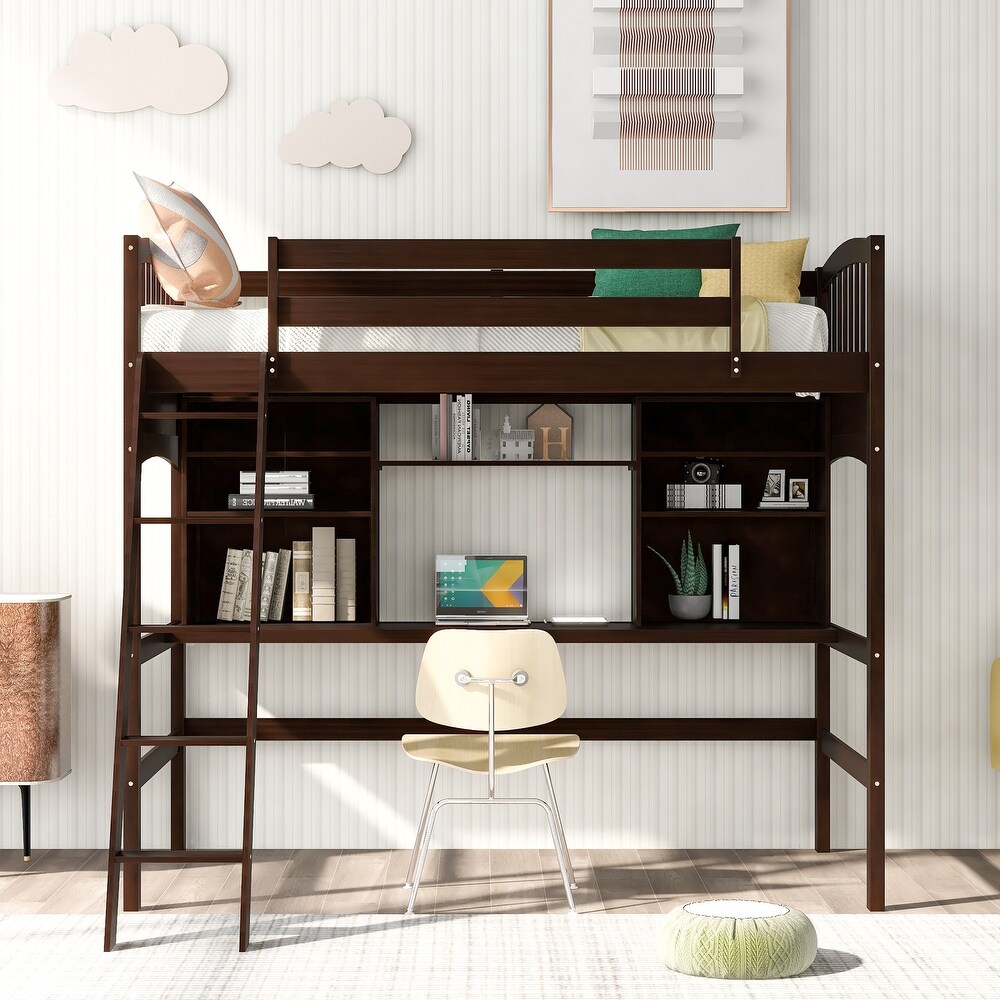 Multifunctional Design Twin size Loft Bed with Storage Shelves  Desk and Ladder