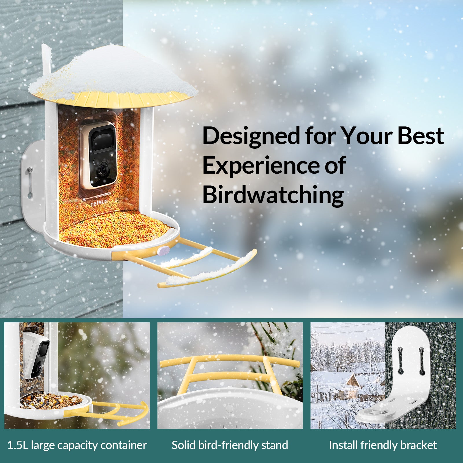 Bird Feeder Camera Outdoor Netvue Birdfy Smart Bird Feeder for Bird Watching， Capture Images/Videos with APP Notification， Bird Gifts for Parents， Hopper Feeder， Yellow(Birdfy Lite + Solar Panel)