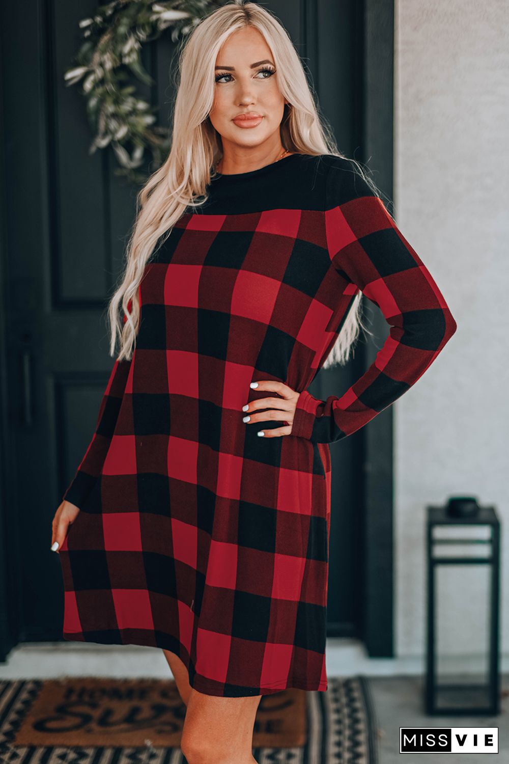 Buffalo Plaid Splicing Long Sleeve Mini Dress