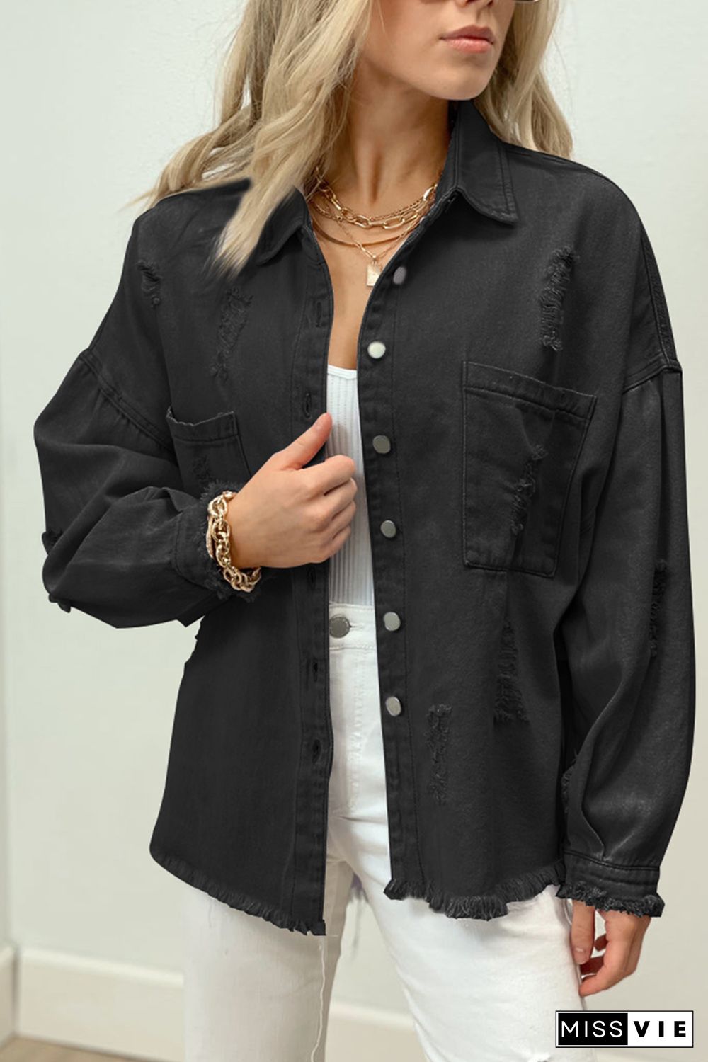 Black Distressed Fringe Trim Denim Jacket