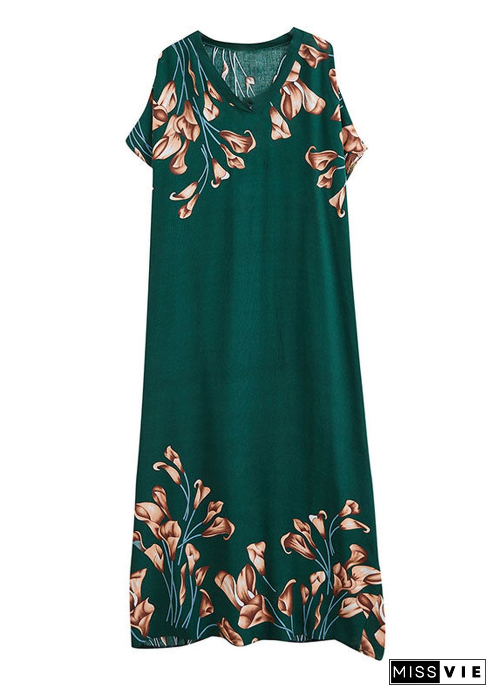 French Blackish Green V Neck Print Cotton Loose Maxi Dress Batwing Sleeve