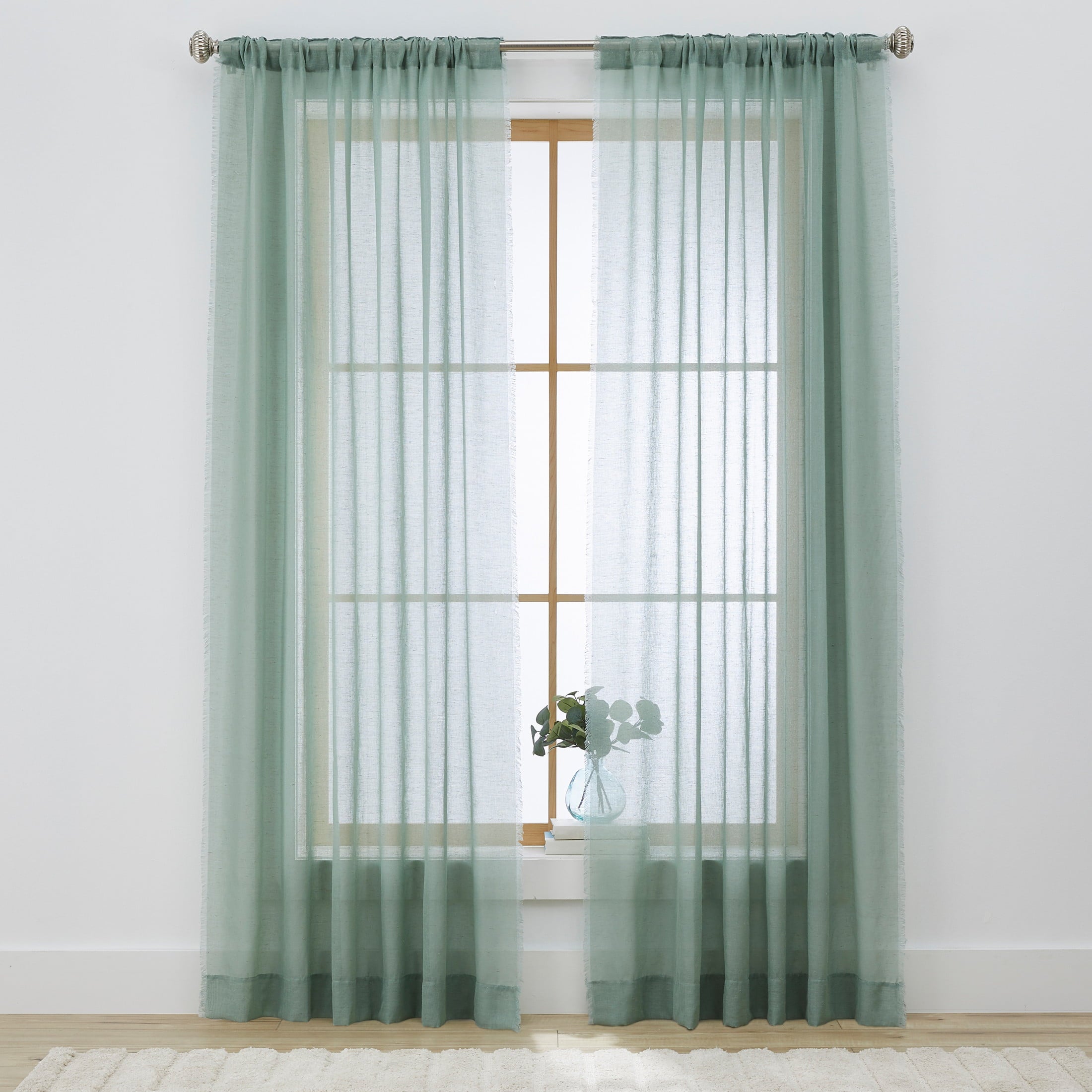 Better Homes & Gardens Solid Fringe 108Single Curtain Panel Green River , Polyester, Linen , Rod Pocket , Sheer