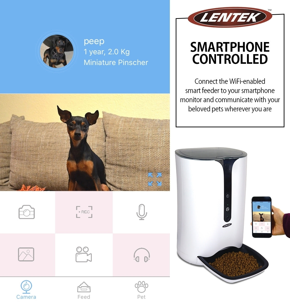 Lentek Smart Pet Feeder with 720p HD Video， 2-Way Audio， 200 oz. Programmable WiFi Cat or Dog Food Dispenser， Schedule Mealtimes， Automatic Portion Control， Free App for iPhone and Android Smartphone