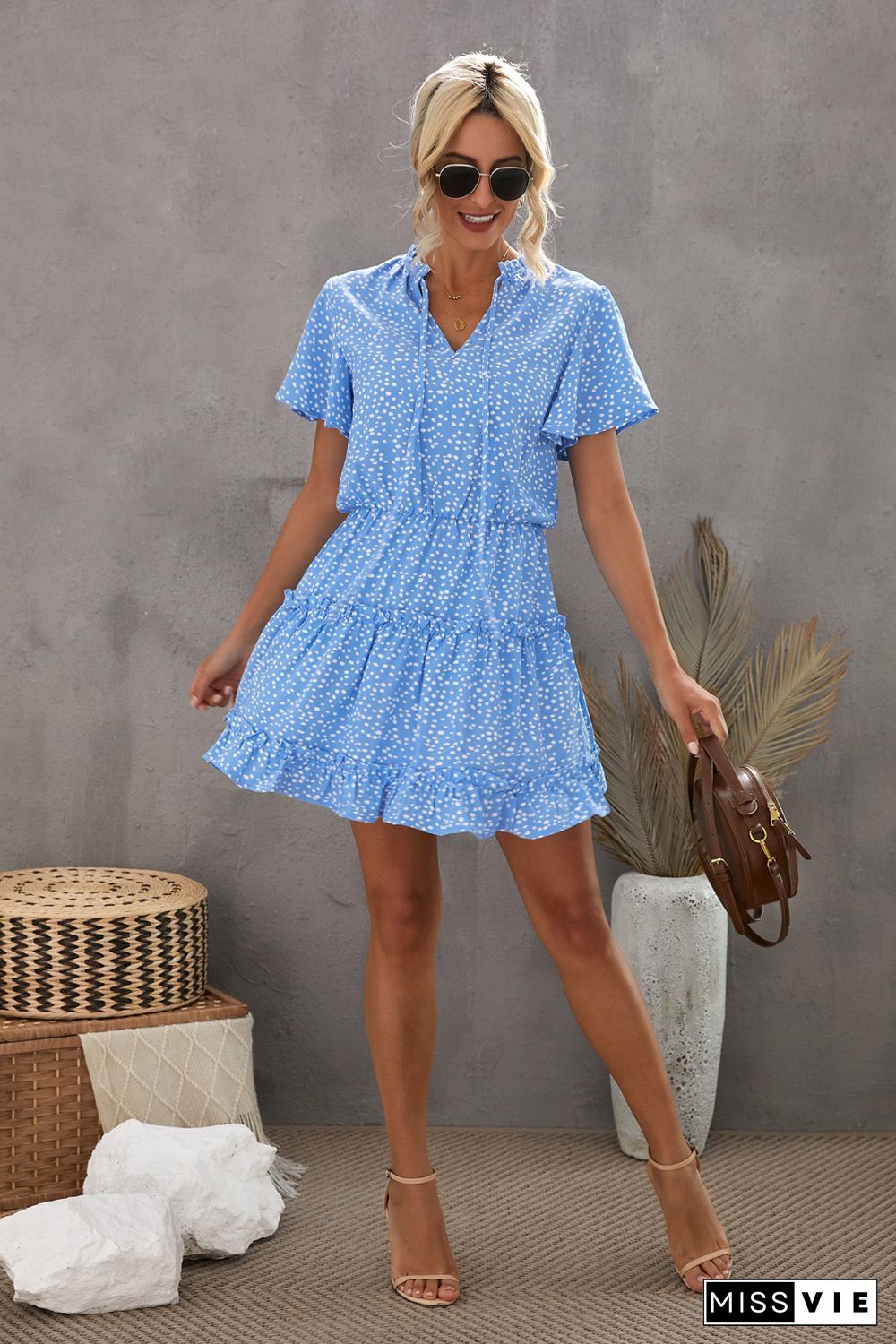 Blue Dotted Print Split Neck Flutter Sleeve Flowy Tunic Mini Dress