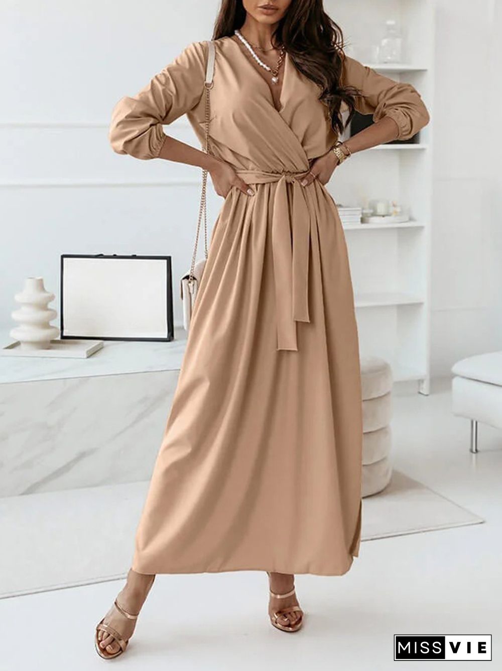 Spring Summer Elegant Half Sleeve V-Neck Lace-Up Long Dress Ladies Fashion Solid Loose Commuter Dress Women Office A-Line Dress