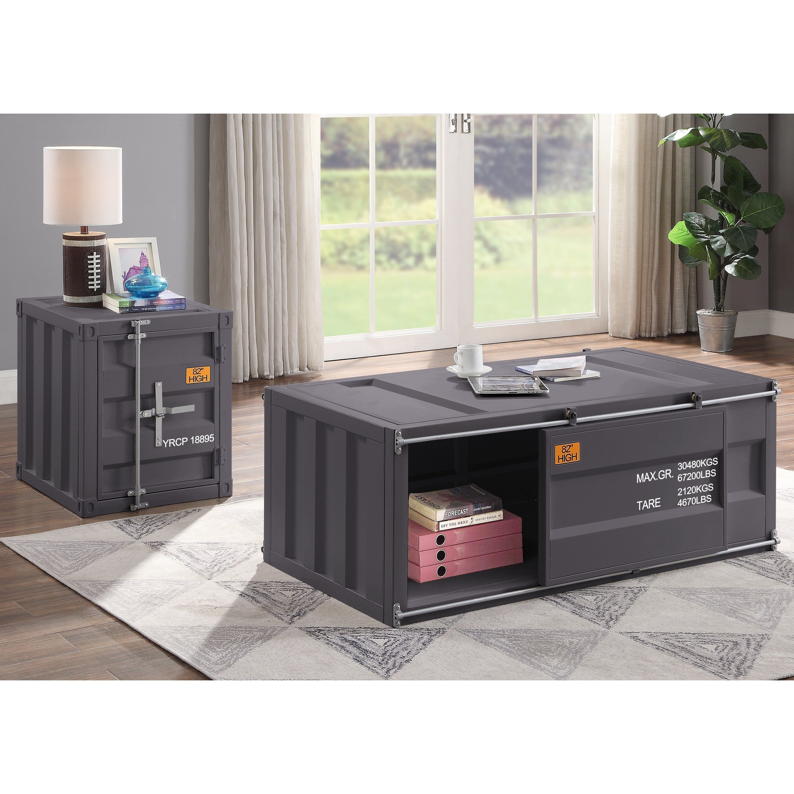 Cargo Coffee Table， Gunmetal Kd， Rectangular Coffee Table Storage: 1 Sliding Door Metal Frame， Recessed Panels