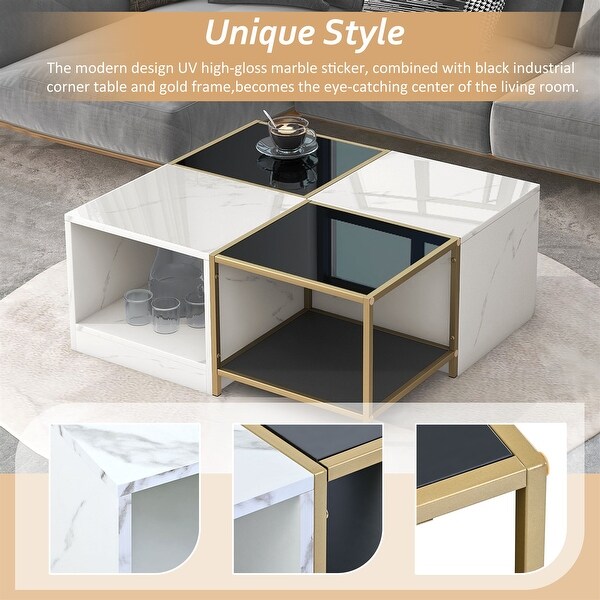 2-layer High Gloss White Marble Finish Coffee Table with Metal Frame