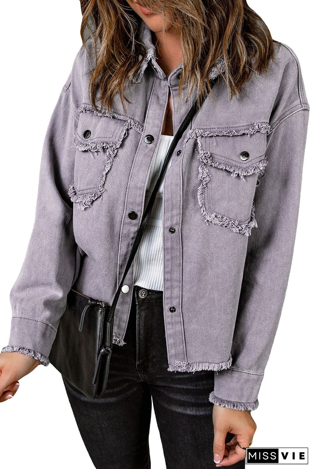 Distressed Flap Pockets Frayed Hemline Denim Jacket