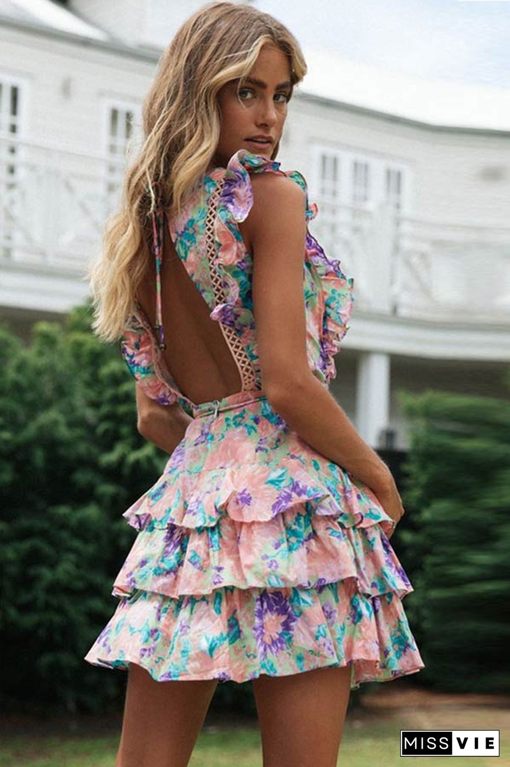 Sexy Floral Print Ruffle Backless Dress