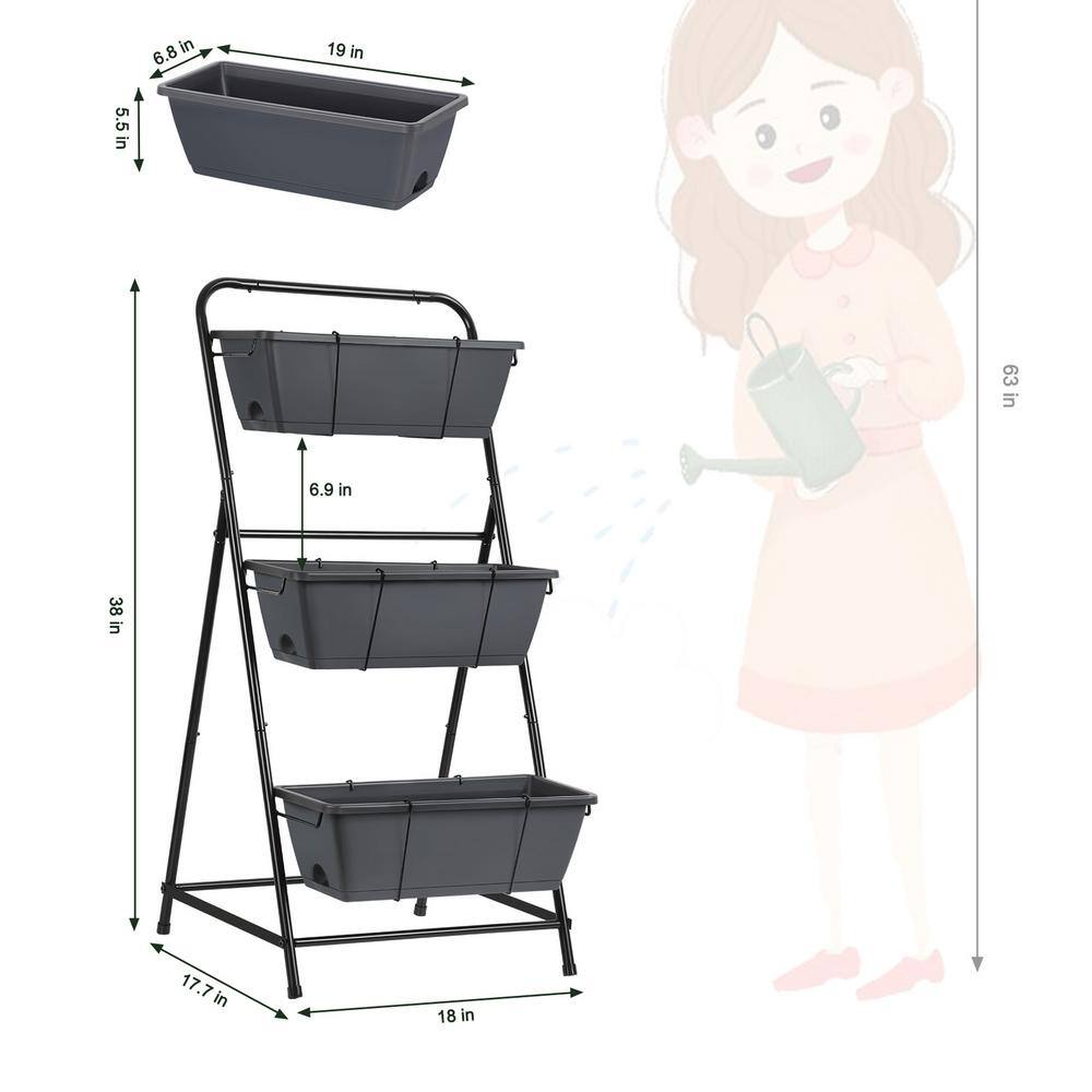 Oumilen 38 in. H x 18 in. L x 17.7 in. W 3 Tier Vertical Planter with Drainage Holes Removable Tray for Patio Balcony Porch Gray HD-483-WELA