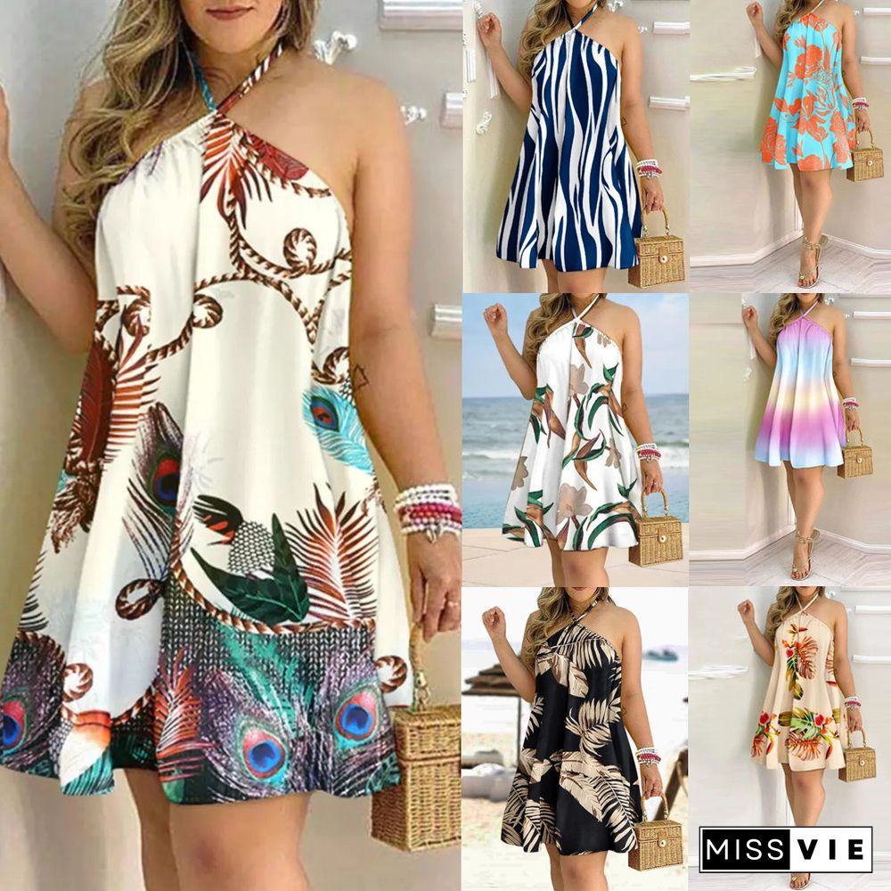 Printed Off-the-shoulder Halterneck Tie Dress