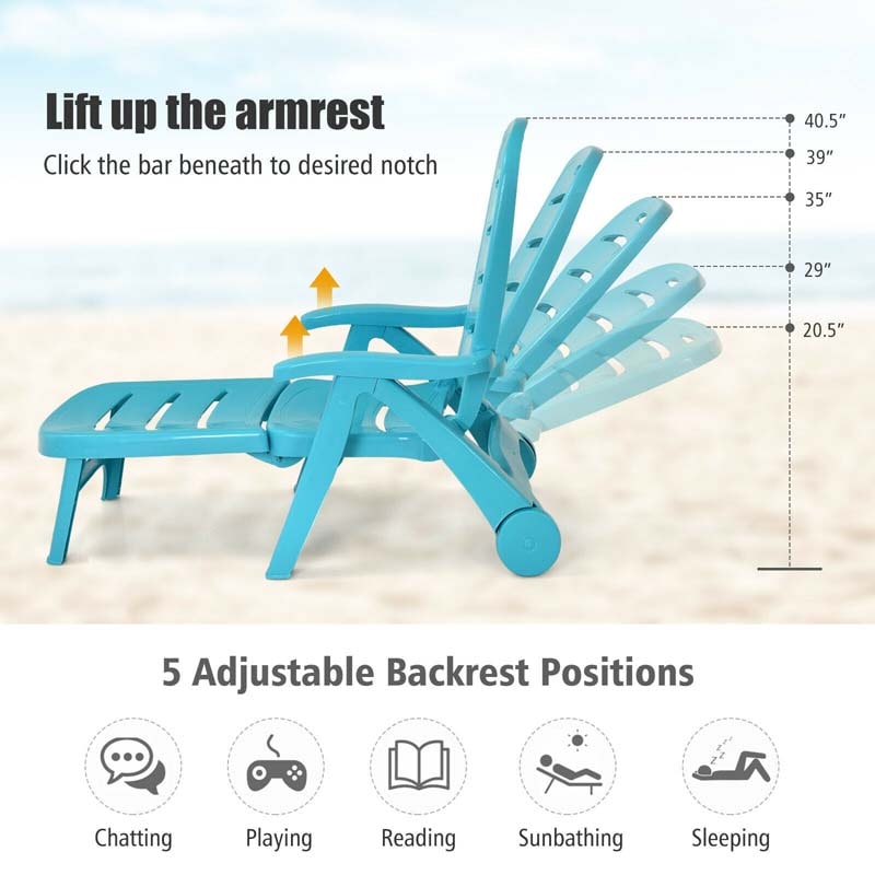 Rolling Folding Plastic Pool Lounge Chair with Armrests, 5-Position Outdoor Sun Lounger Patio Deck Chair Beach Chair