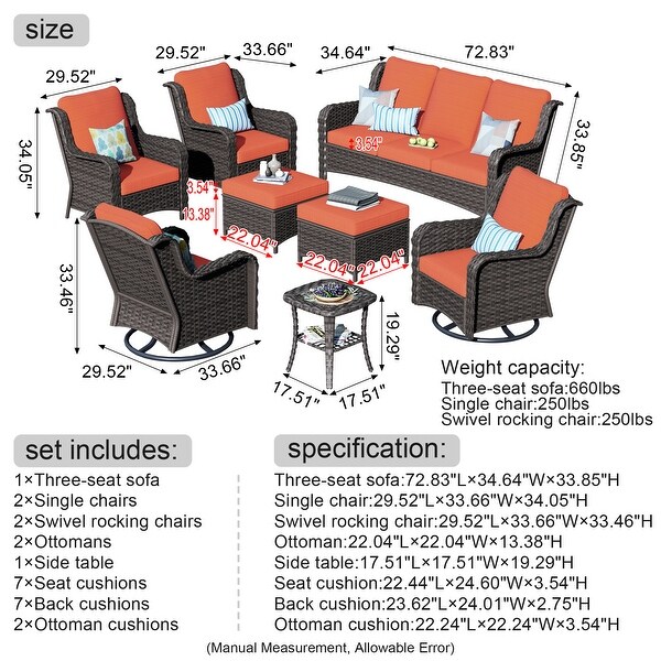 OVIOS 8piece Rattan Wicker Patio Furniture Set Swivel Rocking Chair Set