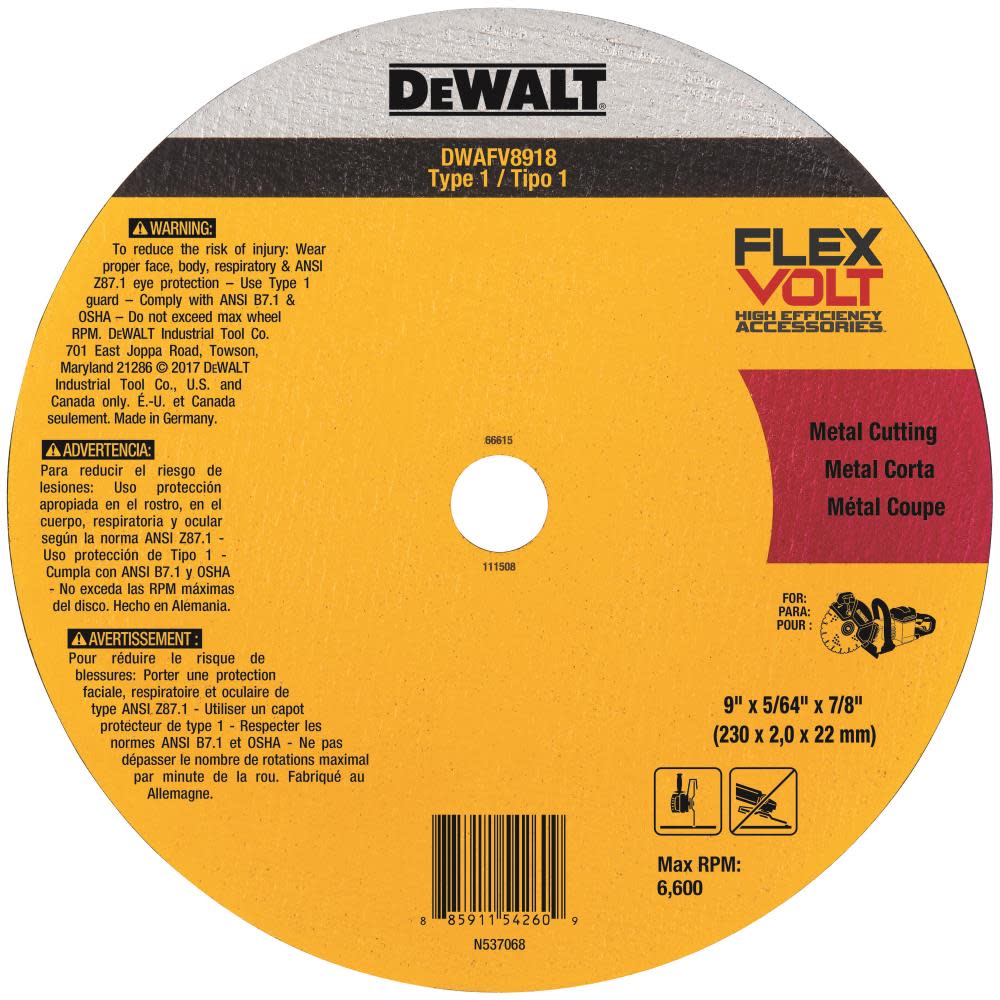 DEWALT 9 In. x 5/64 In. x 7/8 T1 FLEXVOLT Cutoff Wheel DWAFV8918 from DEWALT