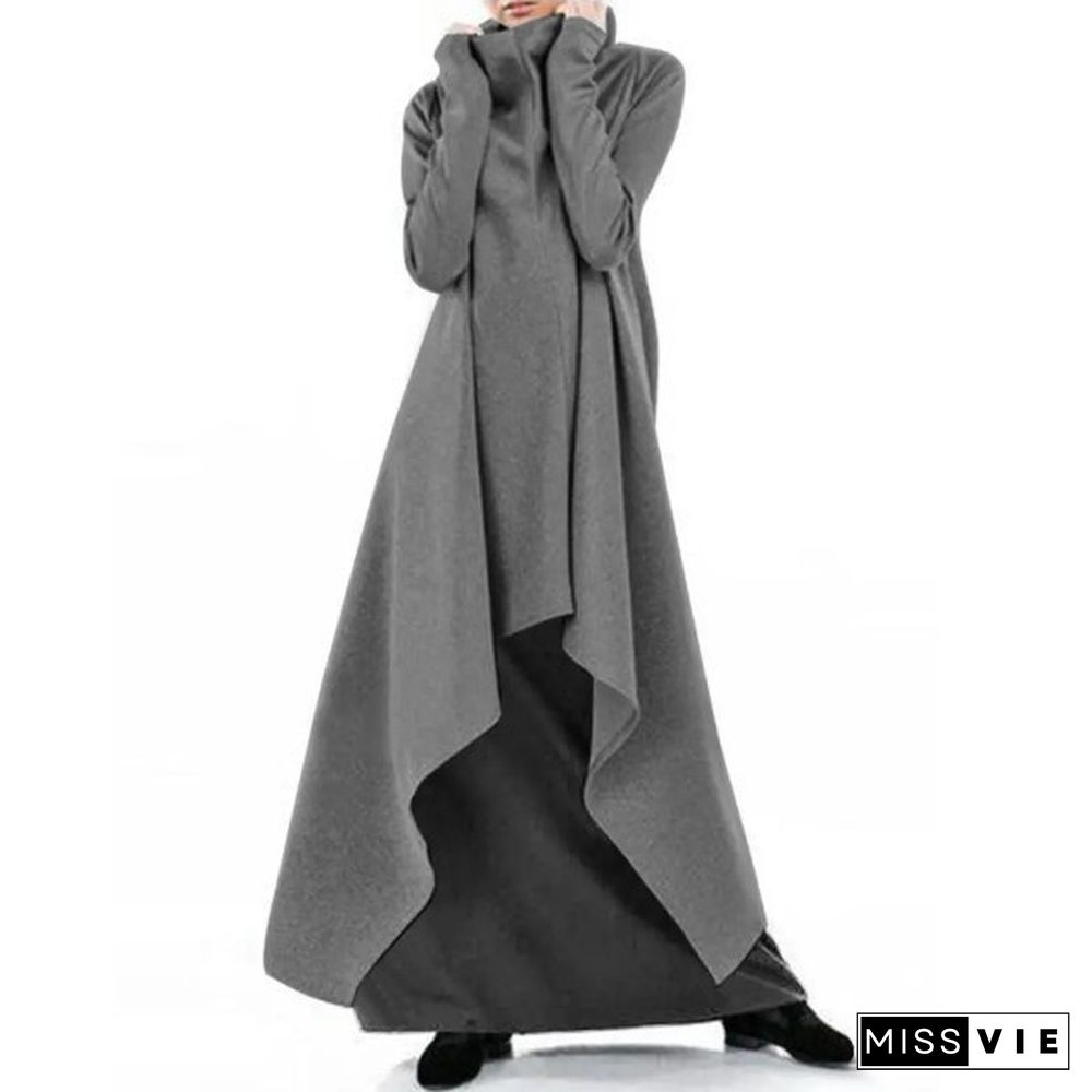 Women's Fashion Solid Color Coat Long Sleeve Robe Loose Poncho Coat High Neck Pullover Irregular Hem Casual Long Hoodies