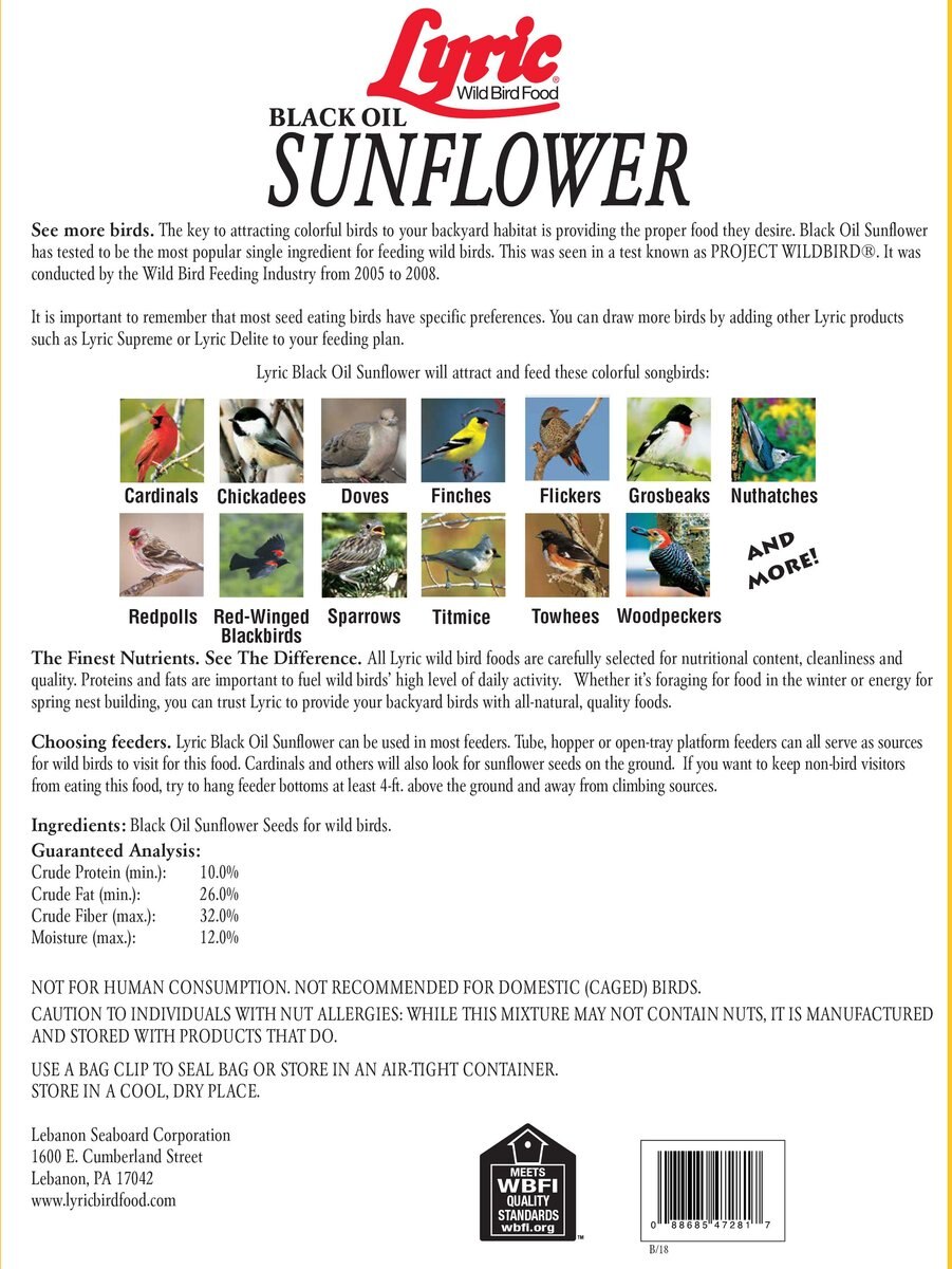 Lyric Black Oil Sunflower Wild Bird Food， 25-lb bag