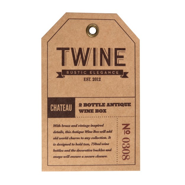 Twine Antique 2 Bottle Wooden Decorative Wine Box With Lid And Handle Wood Faux Leather Brass Accents