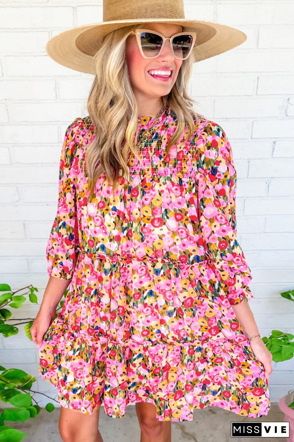 Red 3/4 Sleeve Smocked Tiered Floral Dress