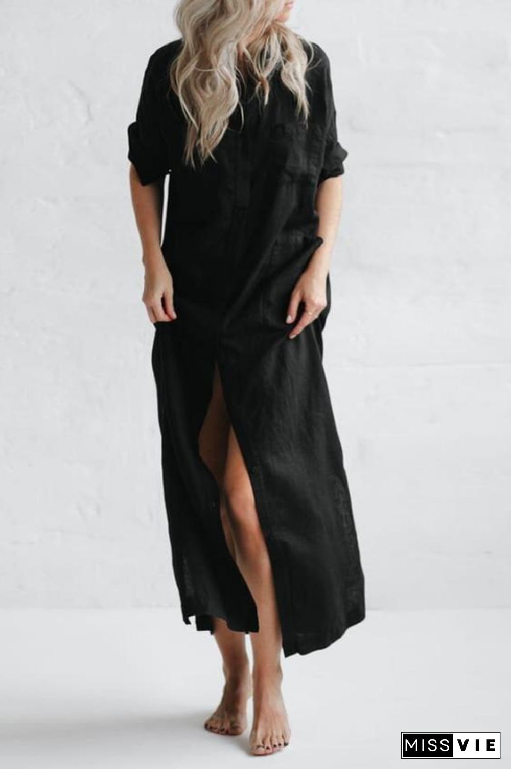 Linen Button Pockets Shirt Maxi Dress