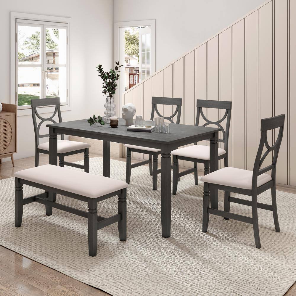 Harper  Bright Designs Farmhouse 6-piece Gray Rectangle MDF Top Dining Table Set Seats 6 with Upholstered Bench and 4 Chairs DT139AAE