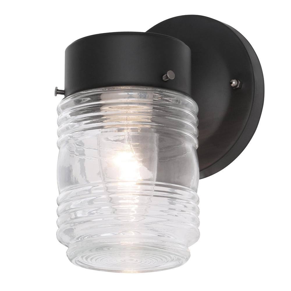 Hampton Bay 1-Light Matte Black Outdoor Jelly Jar Wall Lantern Sconce WB0317