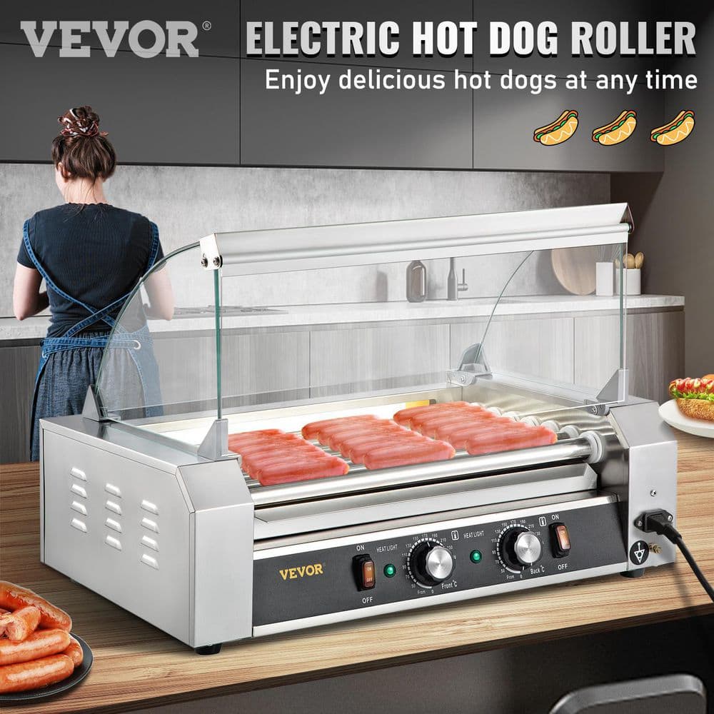 VEVOR Hot Dog Roller 18 Hot Dog Capacity 7 Rollers 1050 Watt Stainless Steel Cook Warmer Machine with Cover Indoor Grills GYGRGJBXGMC729OYHV1