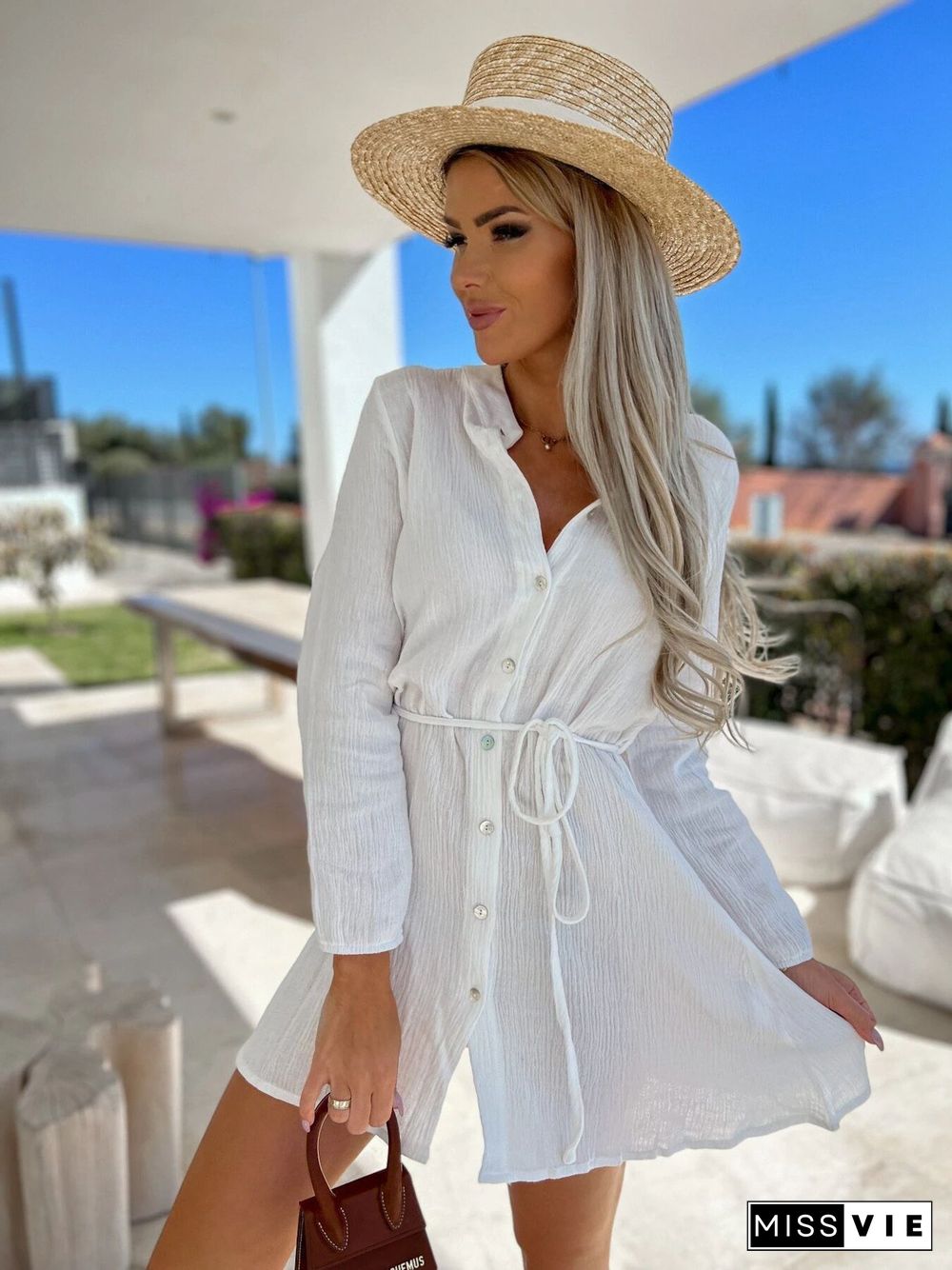 Windy Long Sleeved Shirt Dress with Slim Waist White Dresses