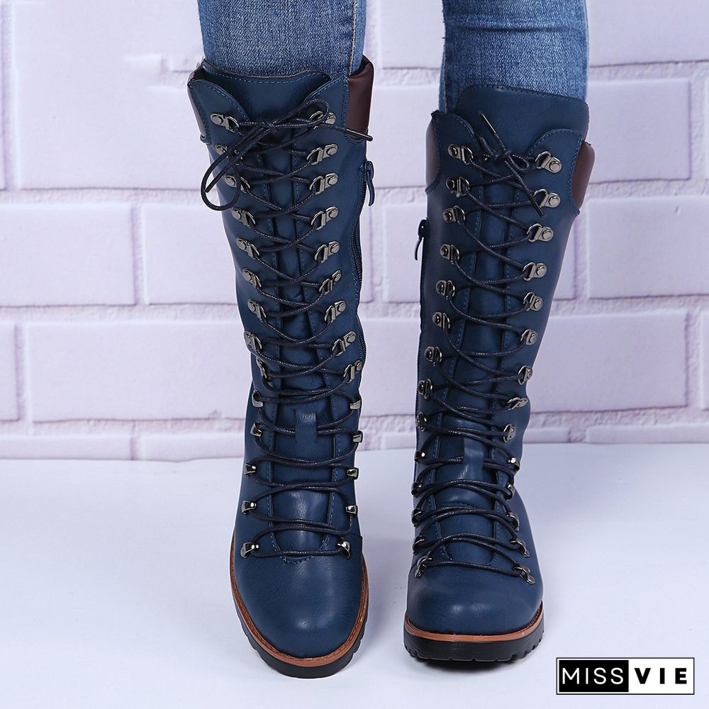 Retro Women Lace-Up Calf Boots