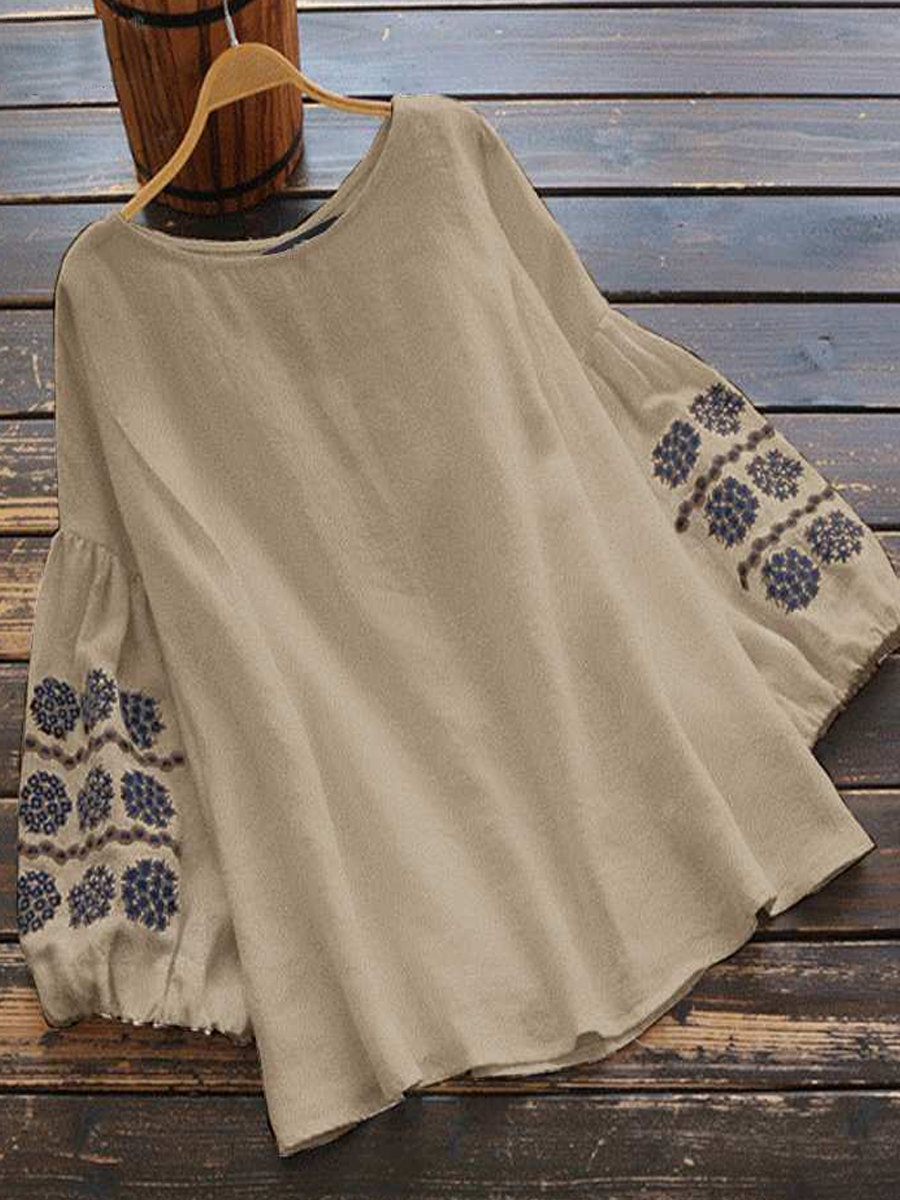 Casual Loose Embroidered Crew Neck Long Sleeve Blouse