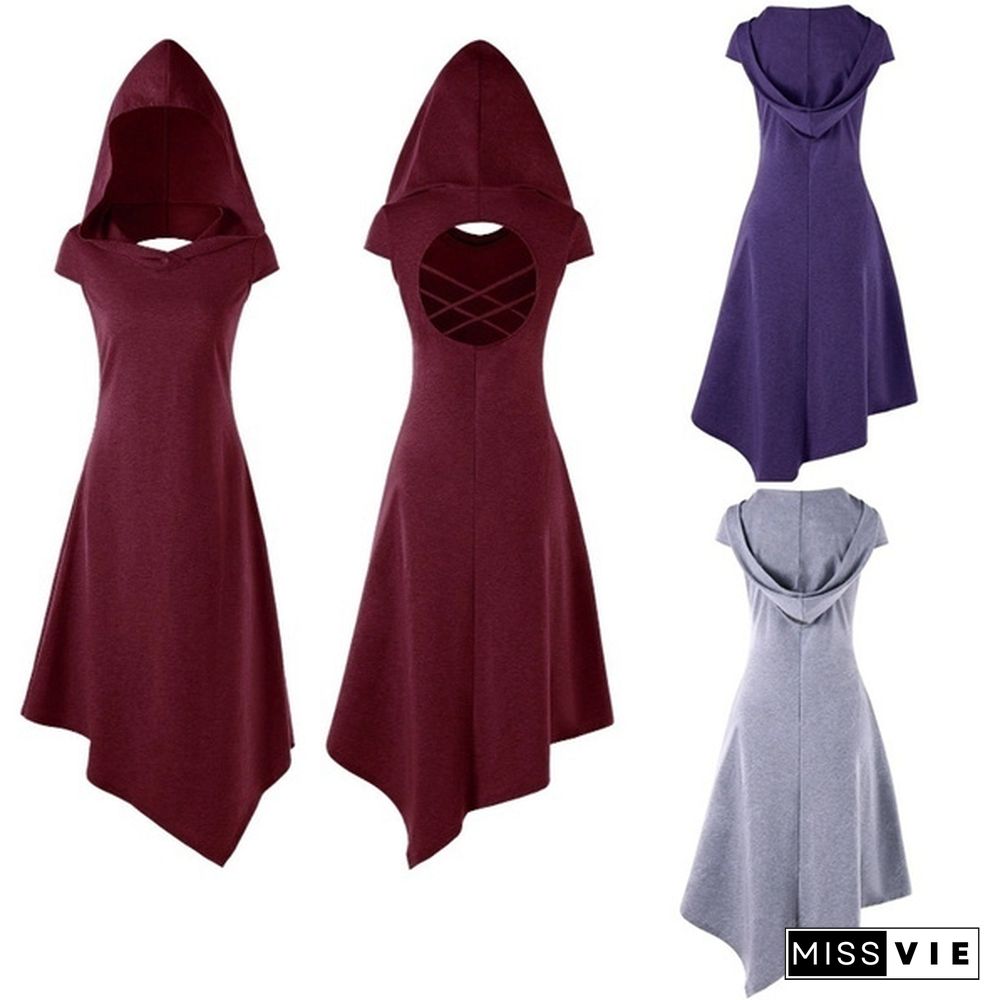 Gothic Medieval Style Women Hooded Criss Cross Irregular Handkerchief Dress Summer Casual Sleeveless Dress Asymmetrical Dresses