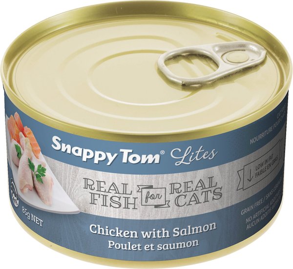 Snappy Tom Lites Chicken with Salmon Canned Cat Food， 3-oz can， case of 24